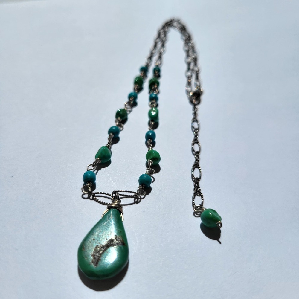 925 Sterling Silver Turquoise Teardrop Pendant Necklace Vintage Boho